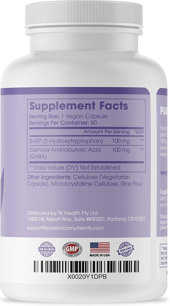 Pure 5-HTP (5-Hydroxytryptophan) Plus GABA Supplement 60 Veggie