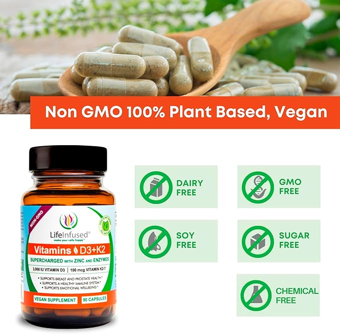 Life Infused Vitamin D3 + K2 Supercharged with Zinc and Enzymes, Help Maintain Healthy Immune System, Bone Health, Emotional Wellbeing, 90 Capsules.