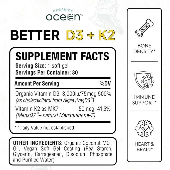 Better D3 + K2-100% Organic VIT D3 and K2 Supplements with Maximum Bioavailability - Supports Bone Density, Calcium Balance, Immunity & Mood - 1-Pack, 30-Day Supply