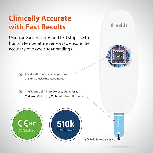 iHealth Gluco+ Wireless Smart Blood Glucose 10 Glucometer 10 Lancets, 1 Blood 1 Lancing