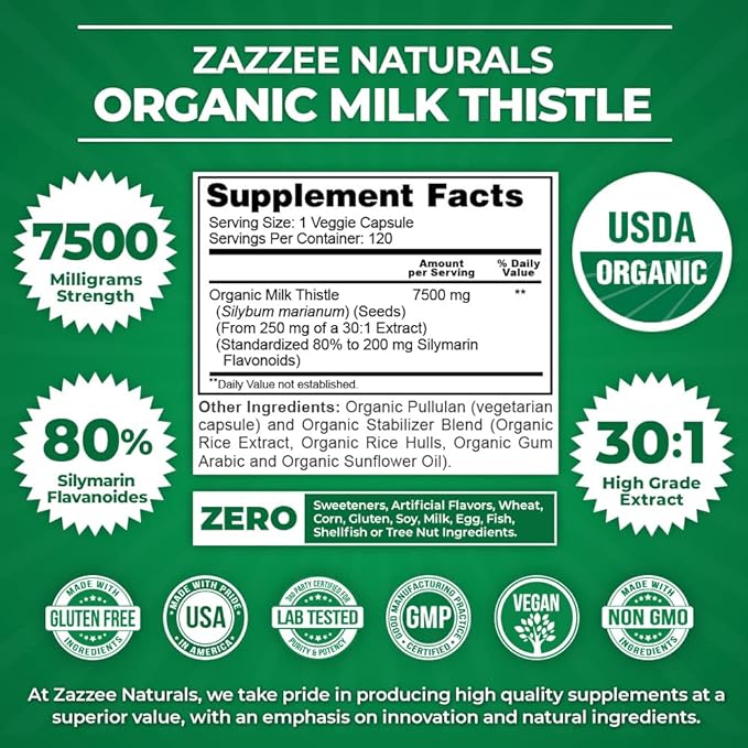 Zazzee USDA Organic Milk Thistle 30:1 7500 mg 120 Vegan 80% Silymarin 30X Extract, 100% Vegetarian,