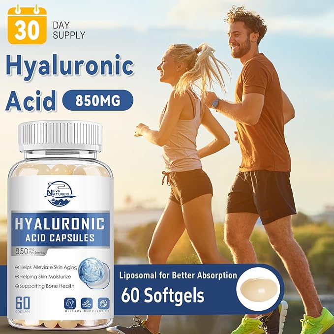 Hyaluronic Acid Supplements, 850mg High Bioavailable Hyaluronic Acid Capsules, Skin Hydration, Hair & Nails Support, 60 Softgels, 1 Pack