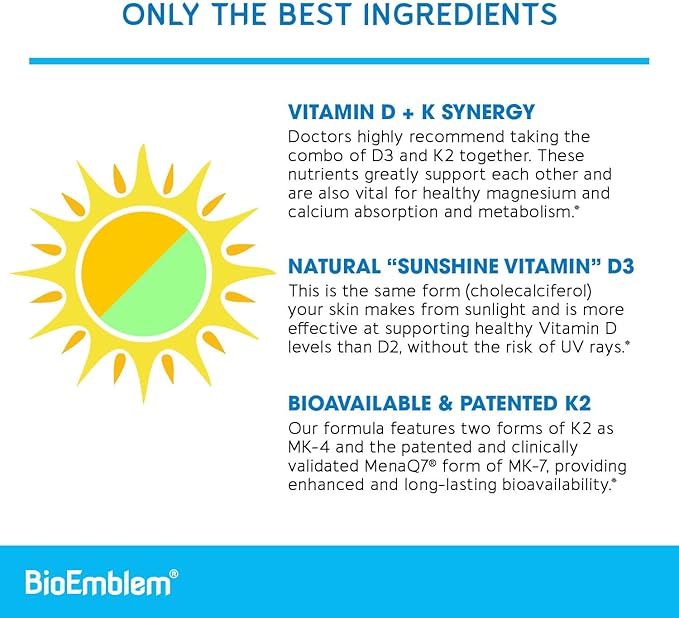 BioEmblem Vitamin D3 K2 Capsules (5000IU 200mcg) - MK7 and MK4 for 3-in-1 Complex K2 Supplement 90 Caps