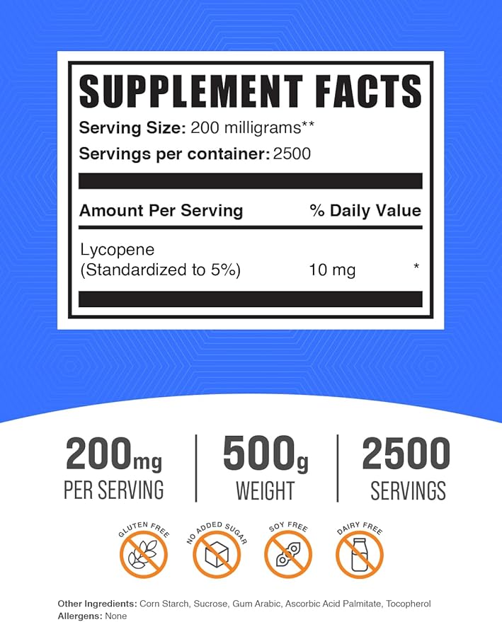 BulkSupplements.com Lycopene Powder - Lycopene Supplement, Lycopene 10mg - Antioxidants Supplement, Gluten Free, 200mg per Serving, 500g (1.1 lbs) (Pack of 1)