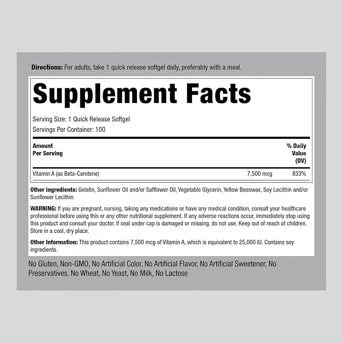 Piping Rock Beta Carotene 25000 IU Softgels 7500 mcg 100 Count