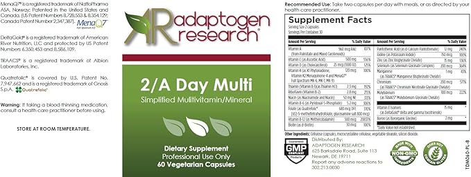 2/A Day Multi | Adult Multivitamin Supplement Iron-Free with Active Folate Quatrefolic, Chelated Minerals, Vitamins A, B6, C, D, E, K, Riboflavin, Thiamin | 60 Vegetarian Capsules