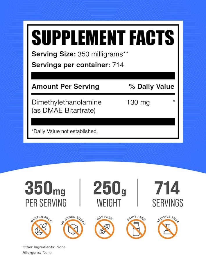 BulkSupplements.com DMAE Bitartrate Powder - Dimethylaminoethanol Bitartrate, DMAE Supplement - DMAE Powder, Gluten Free, 350mg per Serving, 250g (8.8 oz) (Pack of 1)
