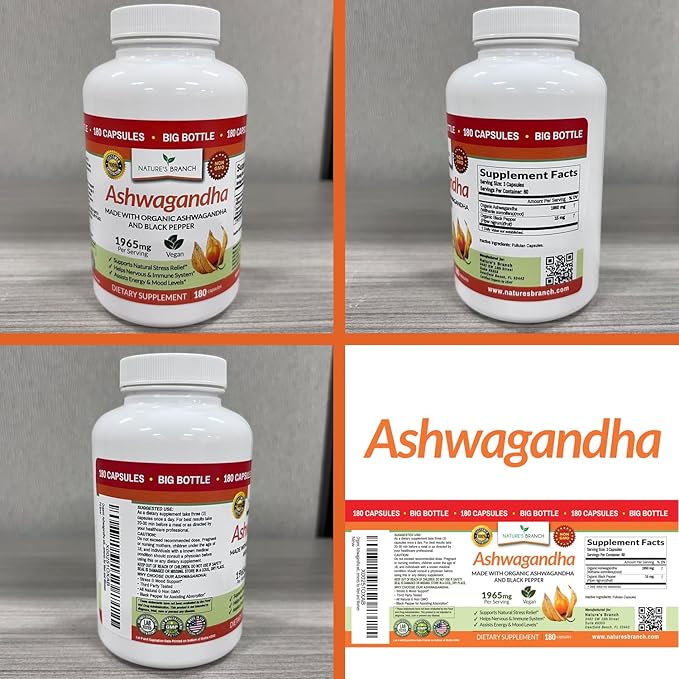 UDAF Certified Organic Ashwagandha with Black Pepper 180 Capsules 1965mg Extra