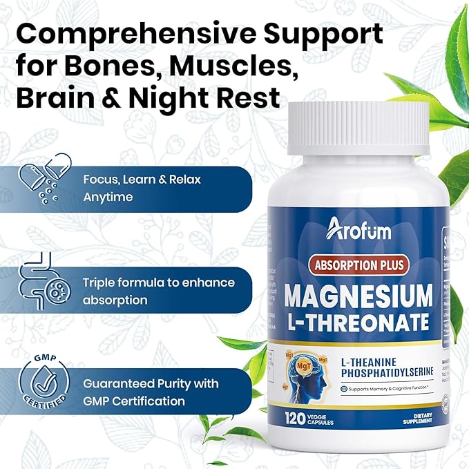 Magnesium L-Threonate | for Cognitive Support, Nighttime Restoration and Musculoskeletal Function | Non-GMO, Gluten-Free | 120 Vegetarian Capsules