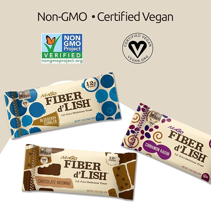 NuGo Fiber d'Lish Blueberry Cobbler, 12g High Fiber, Vegan, 150 Calories, 1.6 Ounce (Pack of 16)