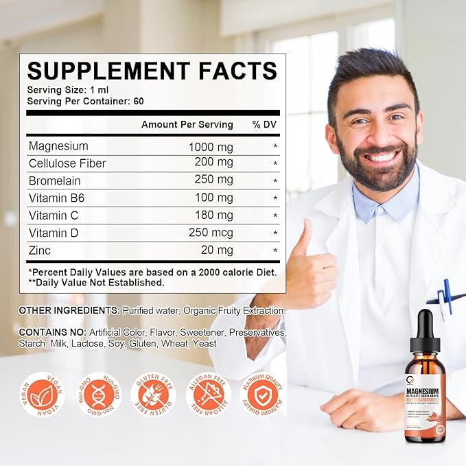 (2 Pack) Magnesium Glycinate Liquid Drops,1000mg B6, C,