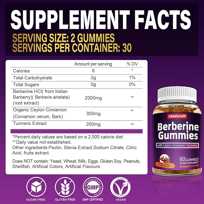 Berberine Gummies with Ceylon Cinnamon, 2000mg Berberine HCI Supplement for Men & Women, Orange Flavored Vegan Sugar Free Gummies (60 Count)(Pack of 1)