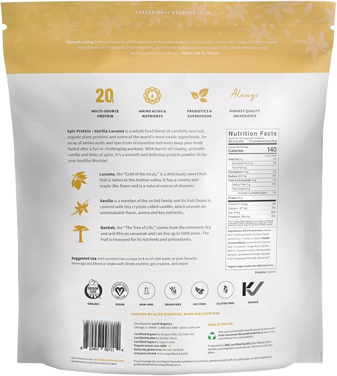Sprout Living Epic Protein, Plant Based 20 Grams (5 Pound, 60 Servings)
