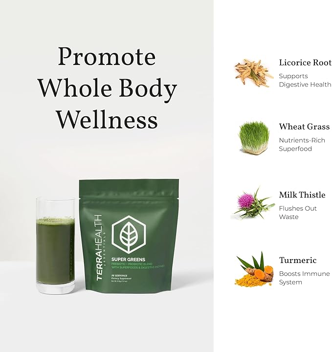 Terra Health Essentials® Super Greens | Organic Superfood Greens Powder | Gluten-Free Gut-Friendly Probiotics | 30 Servings