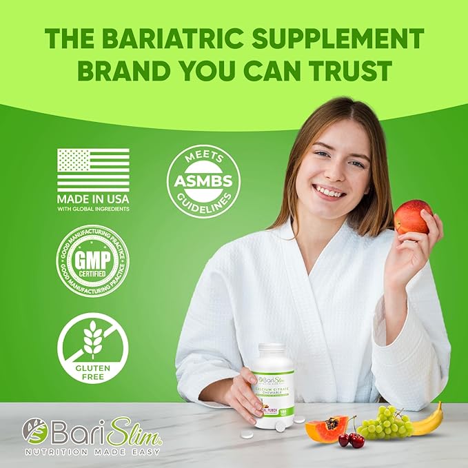 BariSlim Bariatric Calcium Citrate with Magnesium and Vitamin D Tabs - 500 mg of Calcium Citrate Per Serving - Formulated for Patients After Weight Loss Surgery | Tropical Punch (90 Servings)