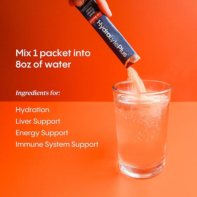 Hydralyte Liver Support + Electrolyte Mix with Milk Thistle, Turmeric, Ginger, Prickly Pear, Green Tea Extract Formulated for Rapid Rehydration (Blood Orange Ginger, 20 Packets)