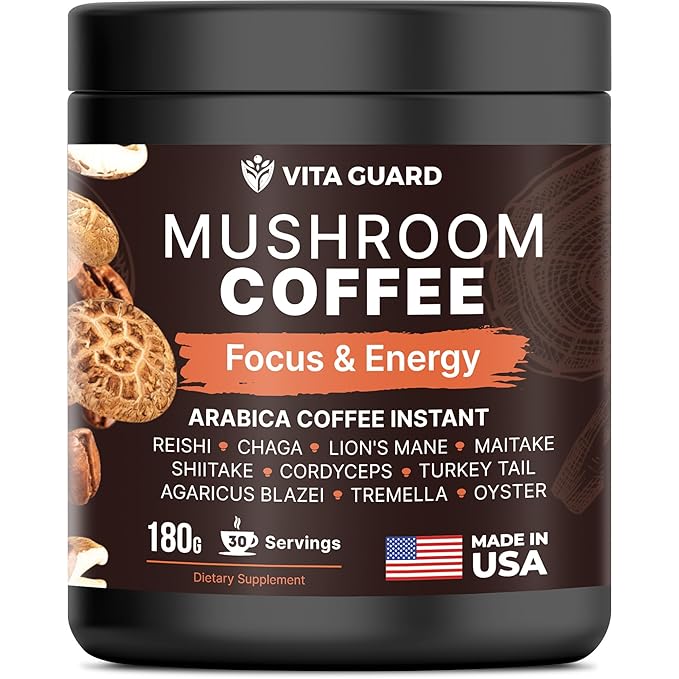 10-Mushroom Blend Coffee | Lion's Mane, Cordyceps, Reishi & More | Rich Arabica Instant Coffee with Coconut Powder | Boost Focus & Immune System