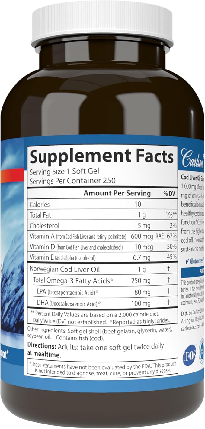 Carlson - Cod Liver Oil Gems, 1000 mg, 250 mg Omega-3s, 400 400 IU (10 mcg) D3, Wild 250 Softgels
