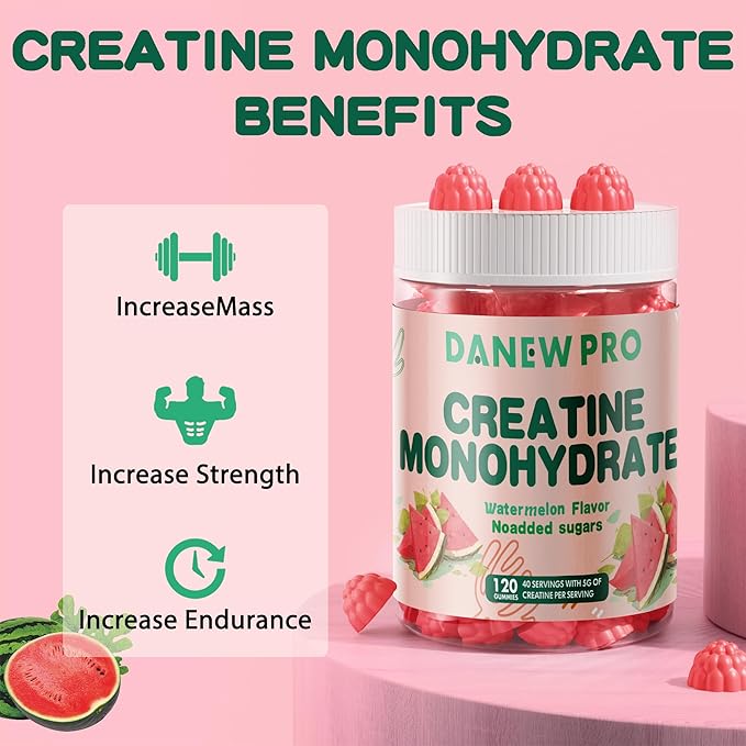 Creatine Monohydrate Gummies 5000mg for Men & Women, Creatine Monohydrate for Muscle Strength, Muscle Builder, Energy Boost, Pre-Workout Supplement(120 Count)-Watermelon Flavor