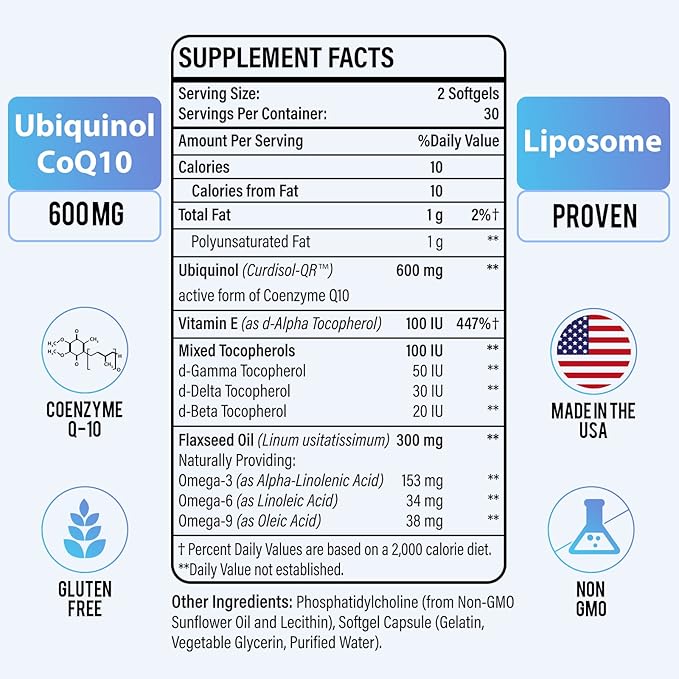 Liposomal CoQ10 600 mg Softgel Ubiquinol, 3 6 6 9, 9, Mixed Q10 Supplement 60 Softgels
