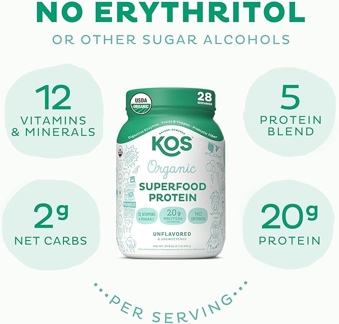 KOS Vegan Protein Powder, Unflavored & Unsweetened 28 Servings