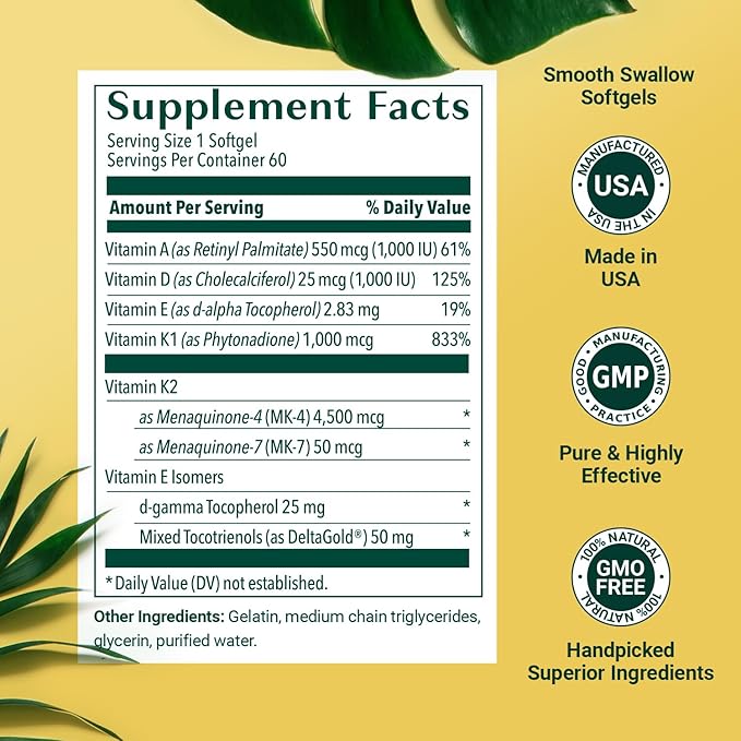 ALGAECAL 4-in-1 Vitamin D3 K2 Complete D3 K2, K2, A, 3 Month