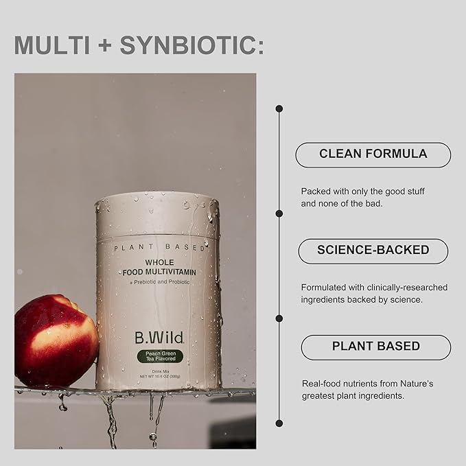 Multivitamin Drink Mix | B.Wild Plant Based Antioxidant Drink | Prebiotics and Probiotics for Digestive Health | Peach Green Tea Flavor - 300 g