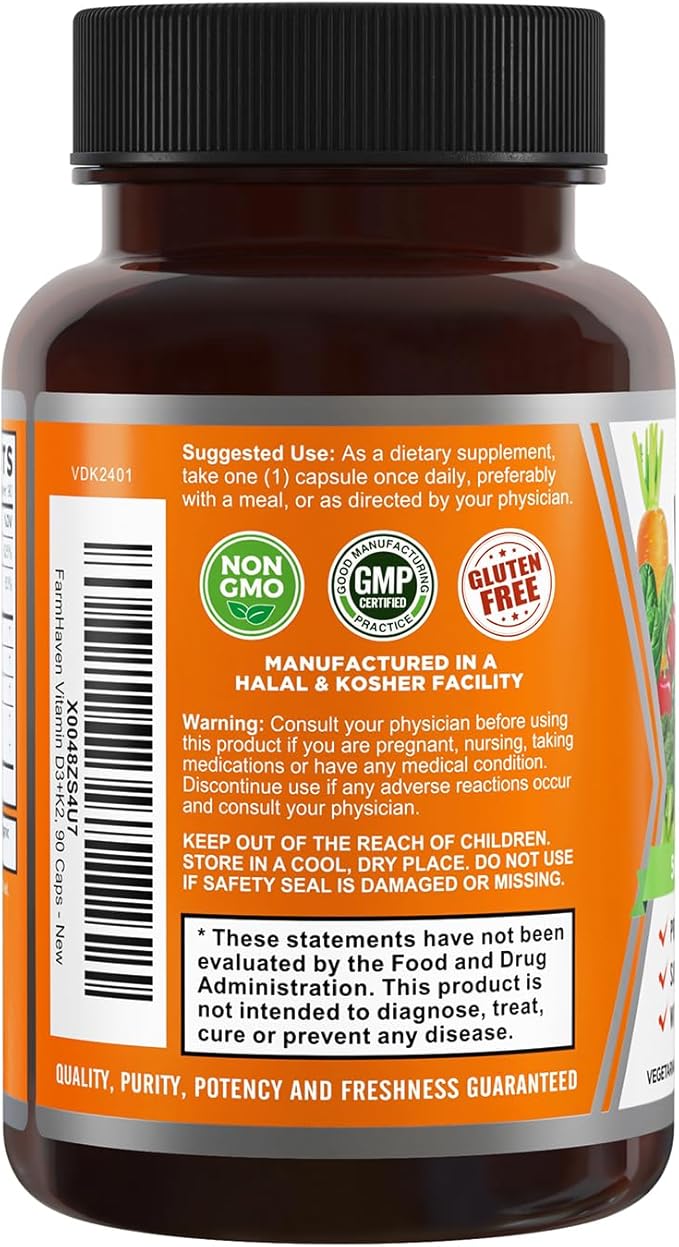 FarmHaven Vitamin D3 K2 Capsules - 5000 IU D3 and 100 mcg K2 - Cholecalciferol MK7 with Veggie Fruit Blend - Vitamin D K2 Supplement for Immune System & Heart Health - Vegetarian, Non-GMO, 90 Caps