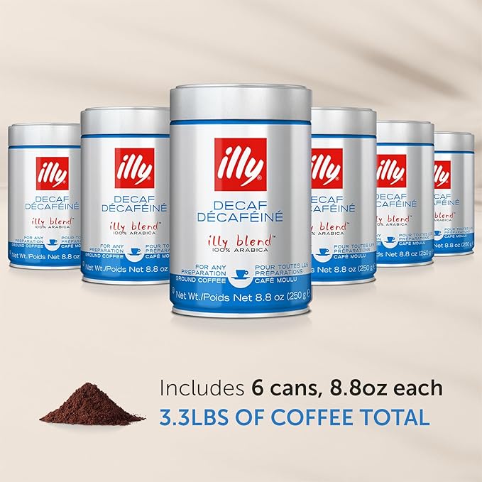 illy Ground Coffee Espresso - 100% Arabica Coffee Ground – Classico Decaf Roast - Notes of Caramel, Toasted Bread & Chocolate - Rich Aromatic Profile - No Preservatives – 8.8 Ounce, 6 Pack