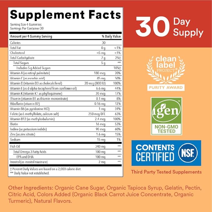 SmartyPants Kids Multivitamin Gummies: Omega 3 D3, C, B12, B6, B6, Vitamin 120 Count (30 Day