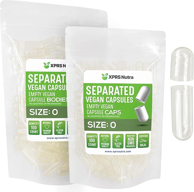 XPRS Nutra Vegan Size 0 Separated Capsules - 100 Count Premium Empty Capsules Separated in Bags - Clear Separated Empty 0 Capsules - Pill Capsules Empty for DIY Supplement Filling