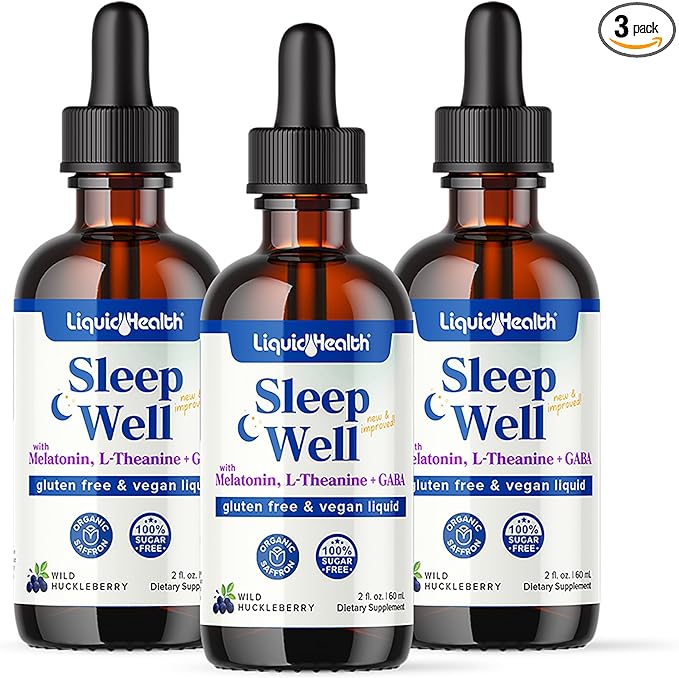 LIQUIDHEALTH Sleep Well Natural Sleep Aid Melatonin Drops - Better Sleep & Mood, Relax & Calm Mind, Fall Asleep Faster Stay Asleep Longer - Vegan, Sugar Free, Drug Free, Non-GMO, Great Taste (3-Pack)