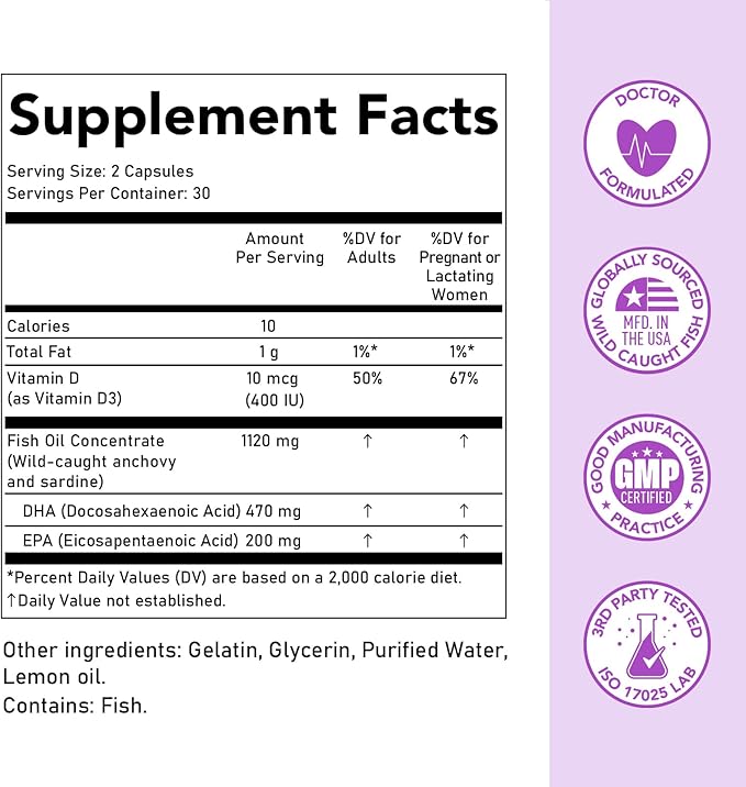 Premom Prenatal DHA Fish Oil: Triglyceride 3 with 470mg DHA, 200mg EPA 400 IU D3 Supplement
