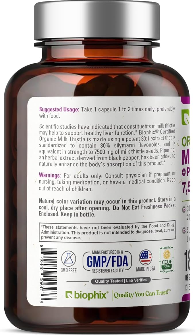 biophix Milk Thistle USDA Organic 30:1 7500 mg 180 Veggie