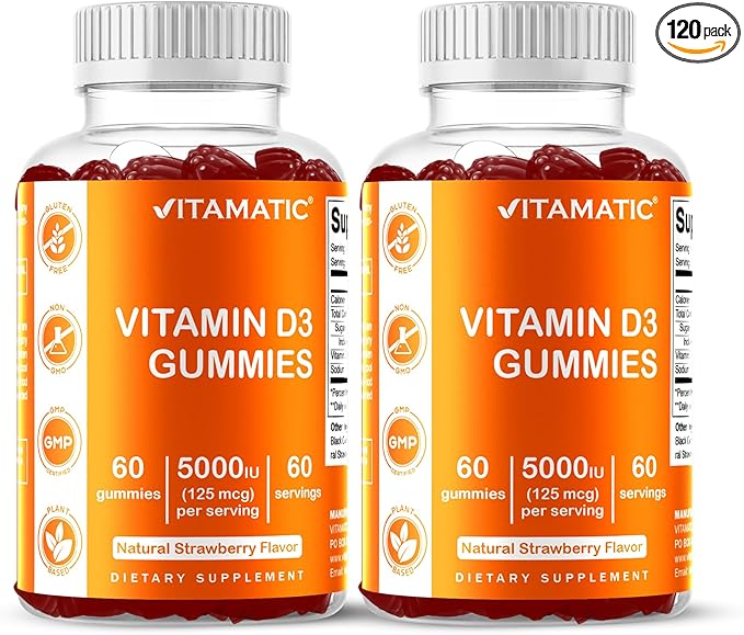 Vitamatic Vitamin D3 Gummies – 5000 IU Per Gummy | 60 Gummies per Bottle | Pack of 2 (Total 120 Count) Great Taste | Supports Bone, Teeth, Mood, Joint & Immune Health