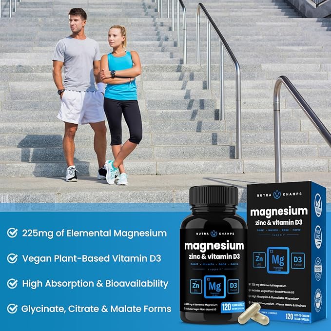 NutraChamps Magnesium Zinc & Vitamin D3 Supplement 120 Vegan
