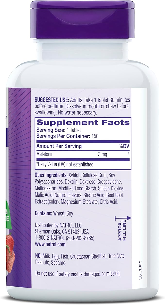 Natrol Melatonin 3mg, Strawberry-Flavored Dietary Supplement 150 Fast-Dissolve 150 Day 12)
