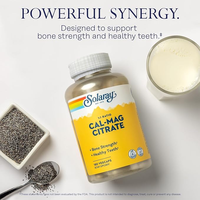 Solaray Calcium Magnesium Citrate 1:1 Ratio, 30 Serv, 180 VegCaps