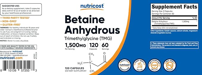 Nutricost Betaine Anhydrous Capsules 1500mg, 60 Servings 750mg Per 120 Capsules