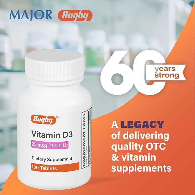 Rugby Vitamin D3, 25 mcg (1,000 IU) - Dietary Supplement - 100 Tablets (1 Pack)