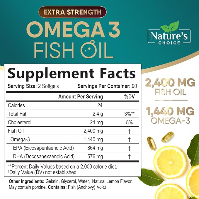Triple Strength Omega 3 Fish Oil 2400 mg Omega-3 Supplements, 180 Softgels