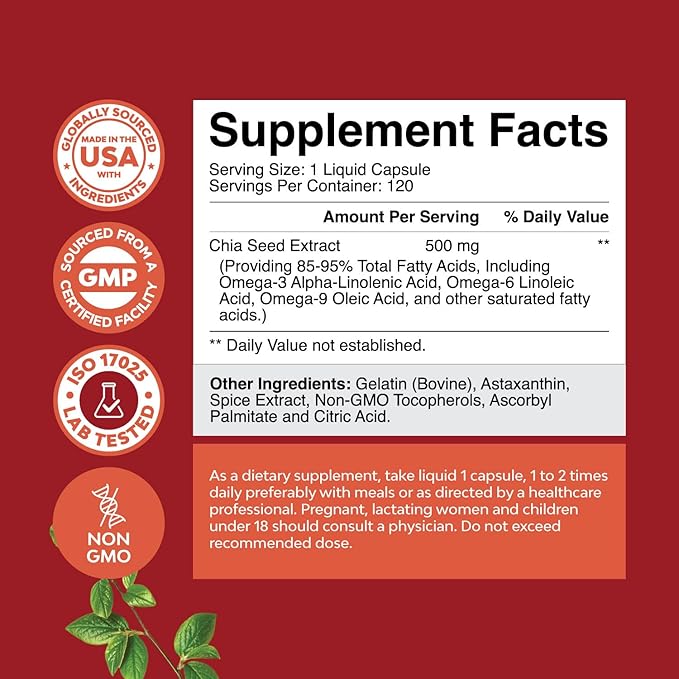 Chia Seed Oil Extract Capsules - Plant Based Omega 3 6 9 Supplement and Daily Fiber Capsules for Adults Digestive Support Immunity and Heart Health - Omega 3 Fatty Acids Supplement for Men and Women
