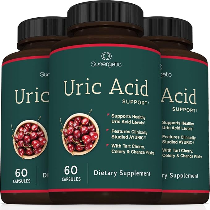 Sunergetic Premium Uric Acid Support Supplement – Uric Acid Cleanse & Kidney Support – Includes Tart Cherry, Chanca Piedra, Celery Extract & Turmeric - Uric Acid Support Formula – 60 Veggie Capsules