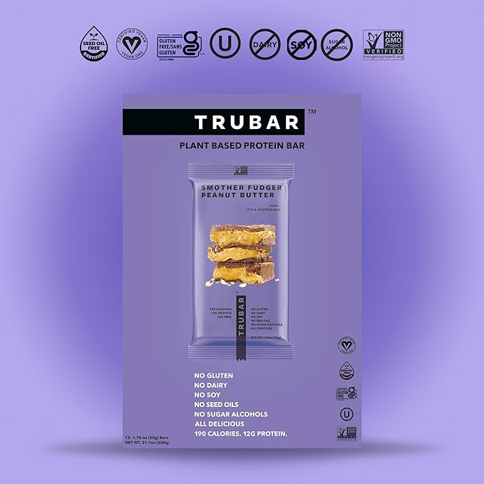 TRUBAR Vegan Protein Bar, Smother Fudger Peanut Butter, Gluten Free, Plant Based, High Fiber, Dairy Free, Low Fat, Non GMO, No Sugar Alcohols, 12G Lean Protein, 13G Fiber, Healthy Snack Bars, 12 CT