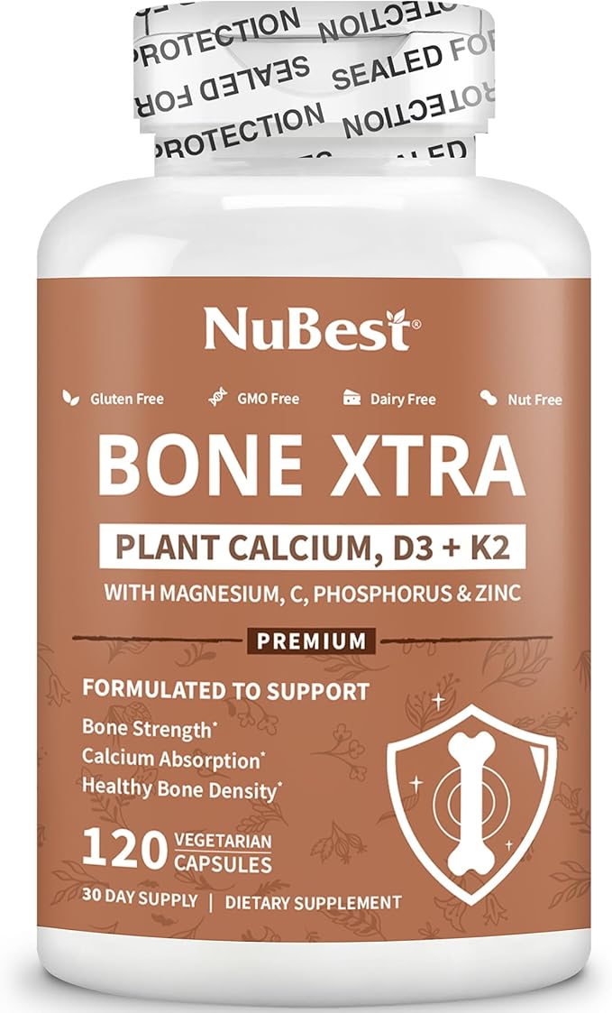 Bone Xtra Plant-Based Bone Strength Formula with Calcium, Magnesium from Marine Algae, Phosphorus, Vitamin C, K2, D3 | Immunity & Maximum Calcium Absorption | 120 Vegetarian Capsules | 1 Month Supply