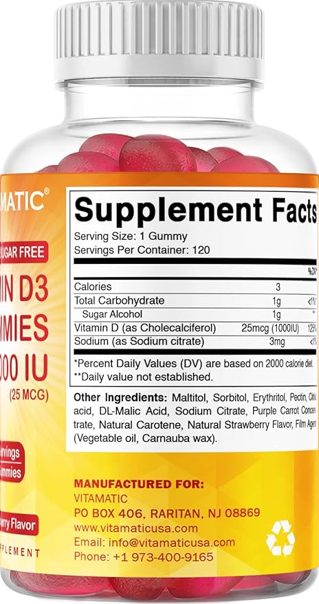 Vitamatic Sugar Free Vitamin D3-120 Pectin 120 Servings (1000 IU)