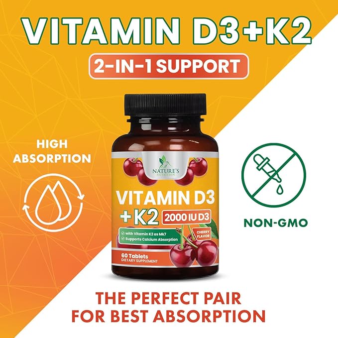 Vitamin D3 K2 as MK-7 2000iu of D3 & 75mcg K2, K2, Vitamin K2 D3 D3 Bone 60 Chewable