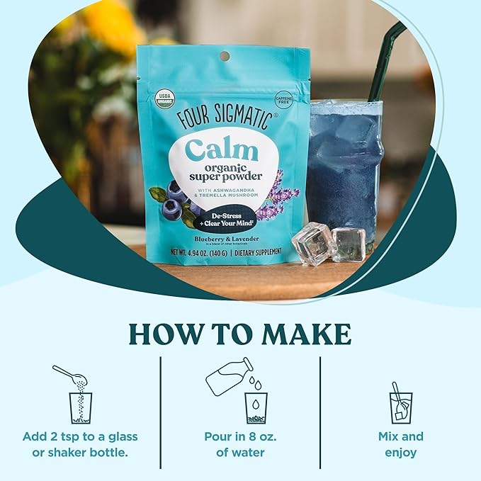 Four Sigmatic Calm Super Powder | Organic Superfood Powder with Magnesium Citrate, Organic Chamomile Extract, and Tremella Mushroom Extract | Blueberry Drink Mix (4.94 oz.)