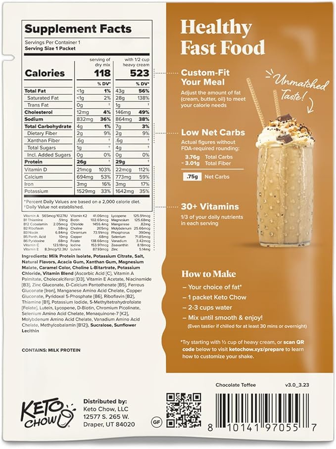 Keto Chow Chocolate Toffee | Keto Meal Replacement Shake | Nutritionally Complete | Low Carb | Delicious Easy Meal Substitute | You Choose The Fat | 21 Meal Bulk Pack