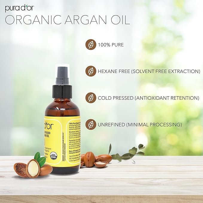 PURA D'OR 4 Oz ORGANIC Moroccan Argan Oil - USDA Certified 100% Pure & Cold Pressed Virgin Premium Grade Natural Moisturizer Treatment For Dry, Damaged Skin, Hair, Face, Body & Scalp - Men & Women